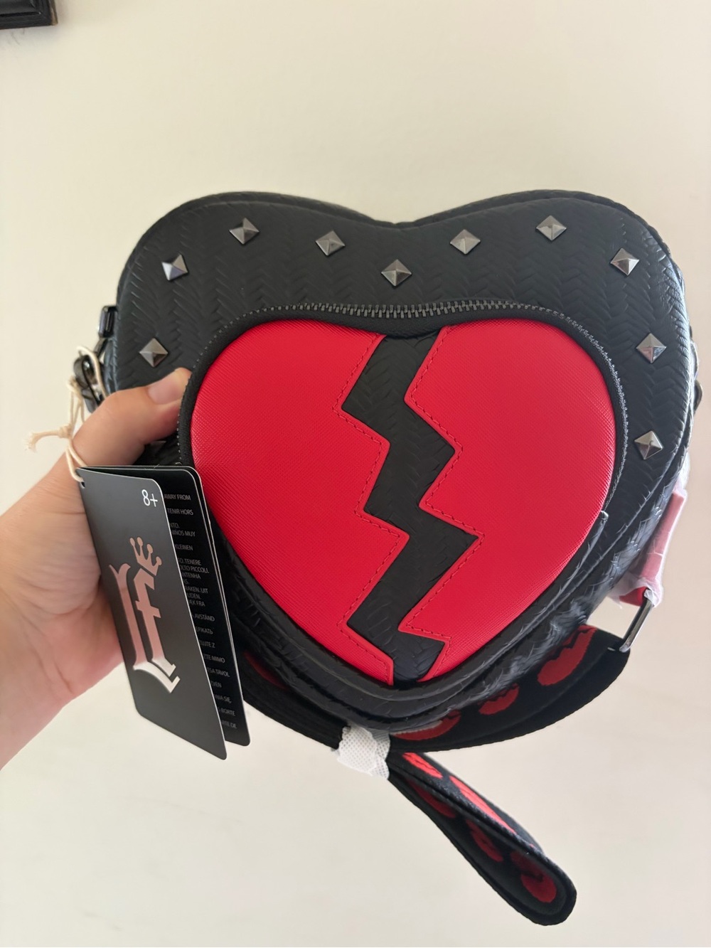 Loungefly Black and Red Broken Heart Studded Crossbody Bag